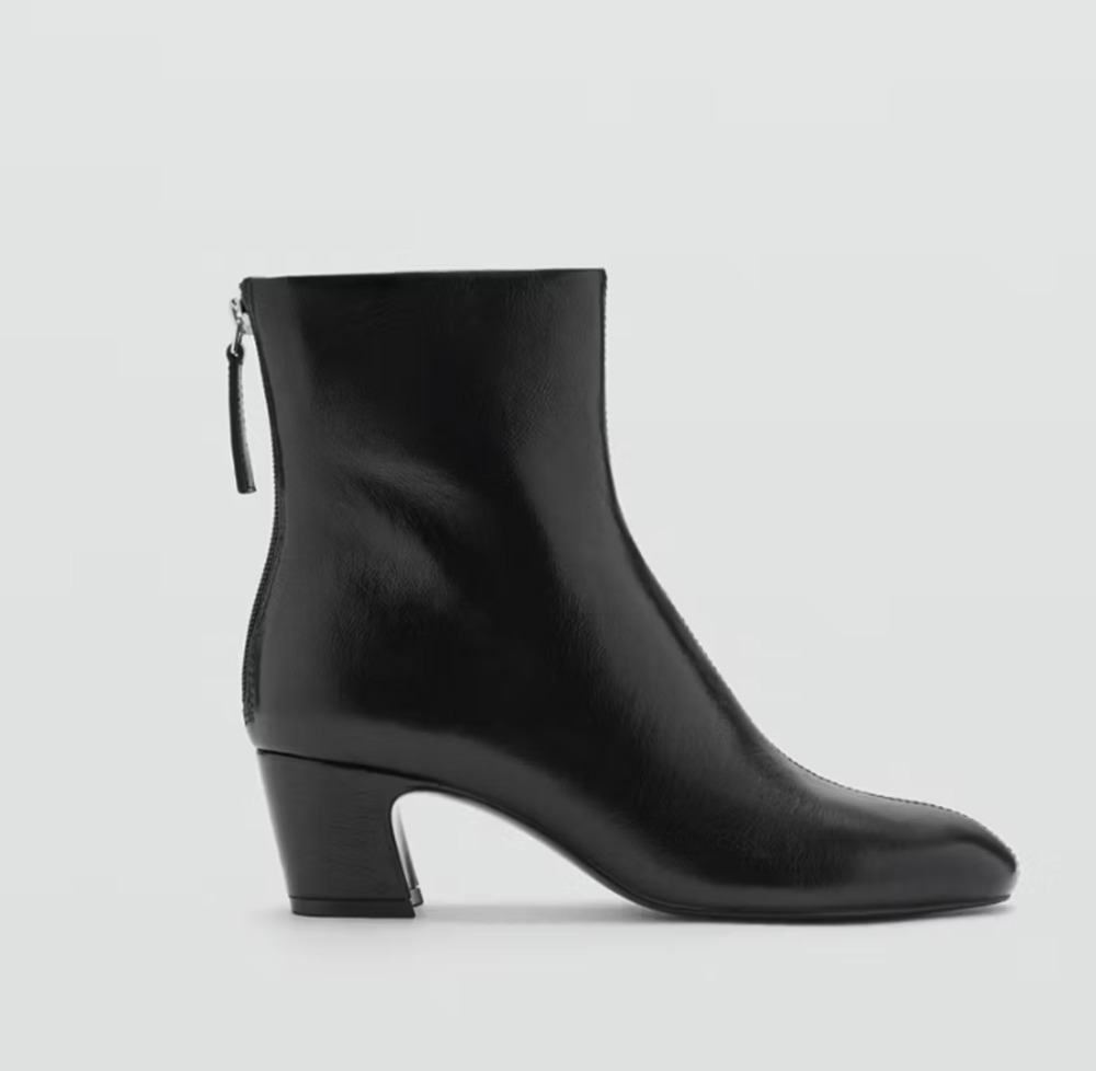 NWT Mango Black Leather Ankle Boots Zip Curved Block Heel Mango 39 US 8.5